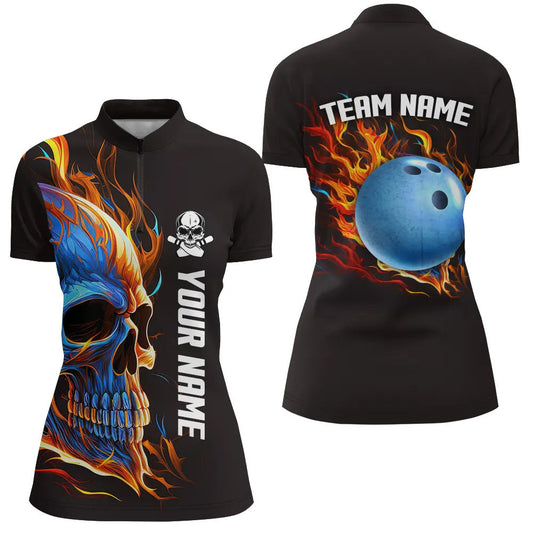 Schädel in Flammen Bowling-Quarter-Zip-Shirts für Damen – Individuelles Team Schädel-Bowling-Trikots NQS6197