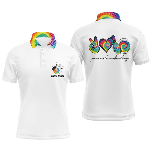 Bunte Tie-Dye „Peace, Love, Bowling“ Weiße Bowling-Poloshirts für Herren – Individuelle Team-Bowling-Shirts NQS6693