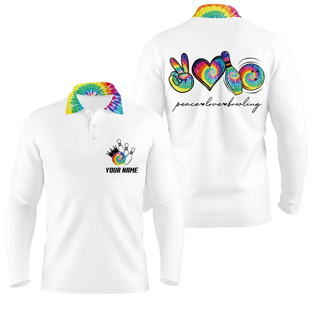 Bunte Tie-Dye „Peace, Love, Bowling“ Weiße Bowling-Poloshirts für Herren – Individuelle Team-Bowling-Shirts NQS6693