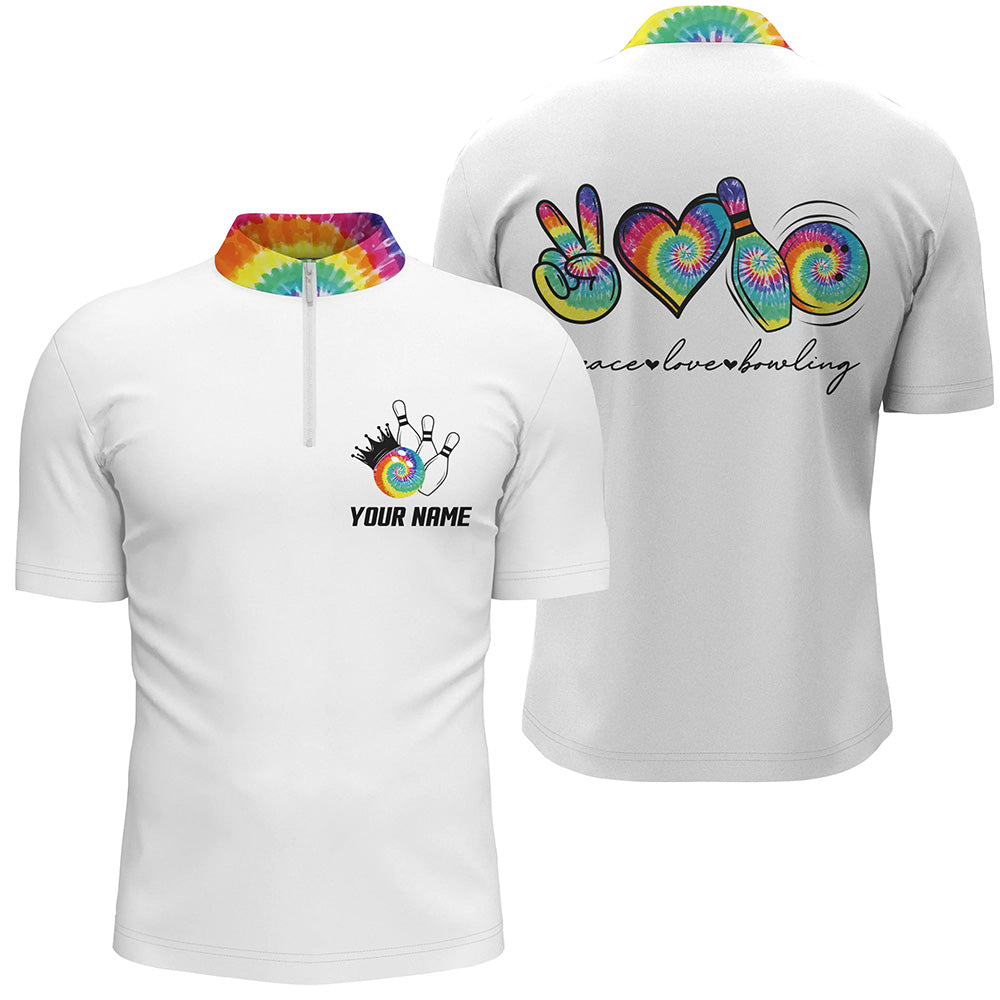 Bunte Tie-Dye „Peace, Love, Bowling“ Bowling-Quarter-Zip-Shirts für Herren – Individuelle Team-Bowling-Shirts NQS6693