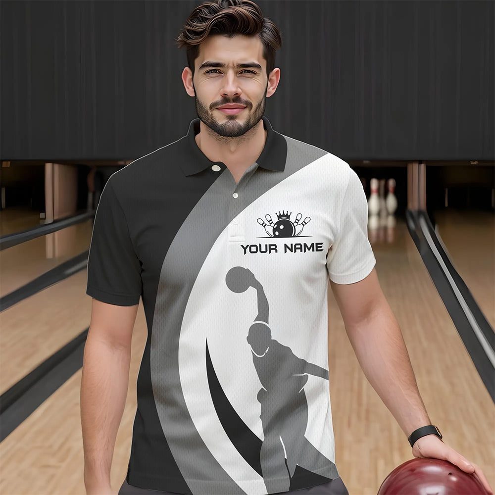 Schwarz-weiße Retro-Bowling-Poloshirts für Herren – Individuelles Bowling-Team-Liga-Trikot NQS6704