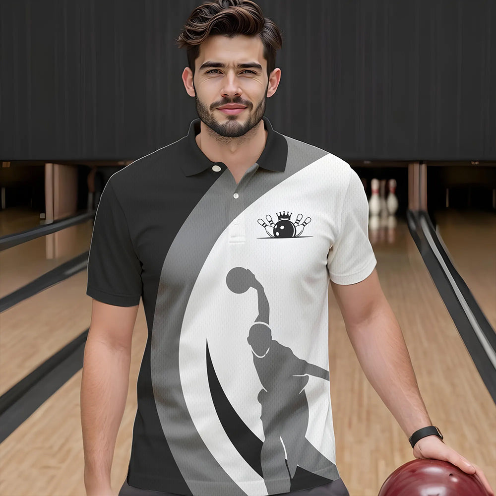 Schwarz-weiße Retro-Bowling-Poloshirts für Herren – Bowling-Team-Liga-Trikot NQS6704.1
