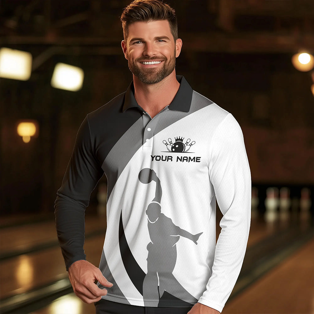 Schwarz-weiße Retro-Bowling-Poloshirts für Herren – Individuelles Bowling-Team-Liga-Trikot NQS6704
