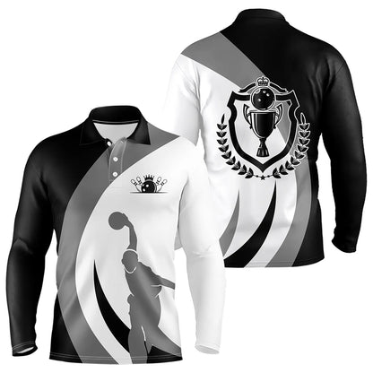 Schwarz-weiße Retro-Bowling-Poloshirts für Herren – Bowling-Team-Liga-Trikot NQS6704.1