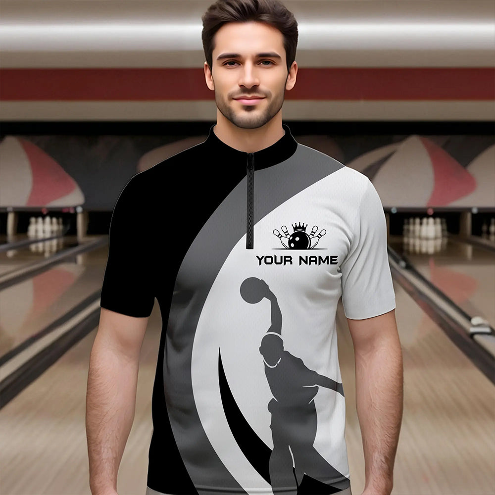 Schwarz-weiße Retro-Bowling-Quarter-Zip-Shirts für Herren – Individuelles Bowling-Team-Liga-Trikot NQS6704