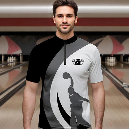 Schwarz-weiße Retro-Bowling-Quarter-Zip-Shirts für Herren – Bowling-Team-Liga-Trikot NQS6704.1