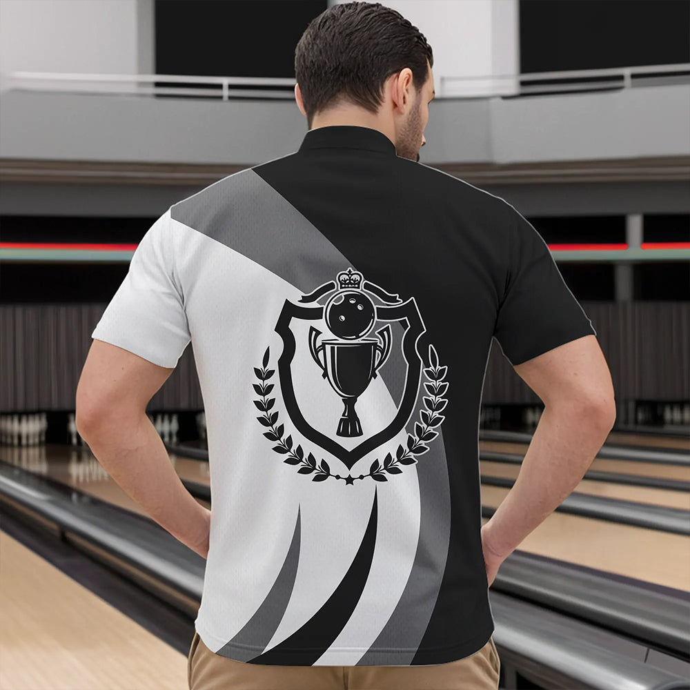Schwarz-weiße Retro-Bowling-Quarter-Zip-Shirts für Herren – Bowling-Team-Liga-Trikot NQS6704.1