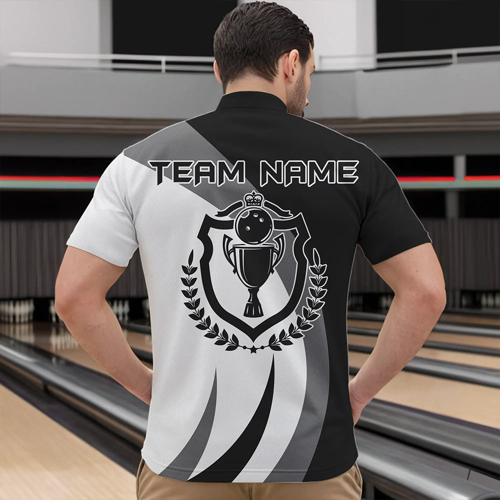 Schwarz-weiße Retro-Bowling-Quarter-Zip-Shirts für Herren – Individuelles Bowling-Team-Liga-Trikot NQS6704