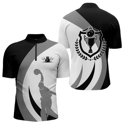Schwarz-weiße Retro-Bowling-Quarter-Zip-Shirts für Herren – Bowling-Team-Liga-Trikot NQS6704.1