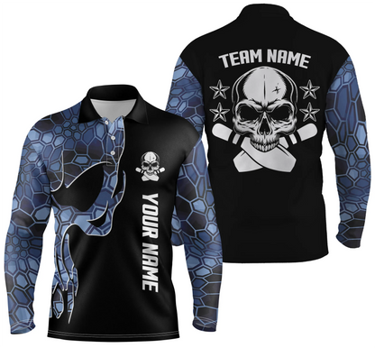Blaues Camo-schwarzes Bowling-Poloshirt für Männer, personalisierter Teamname, Schädel-Bowling, Team-Bowlinghemden NQS5059