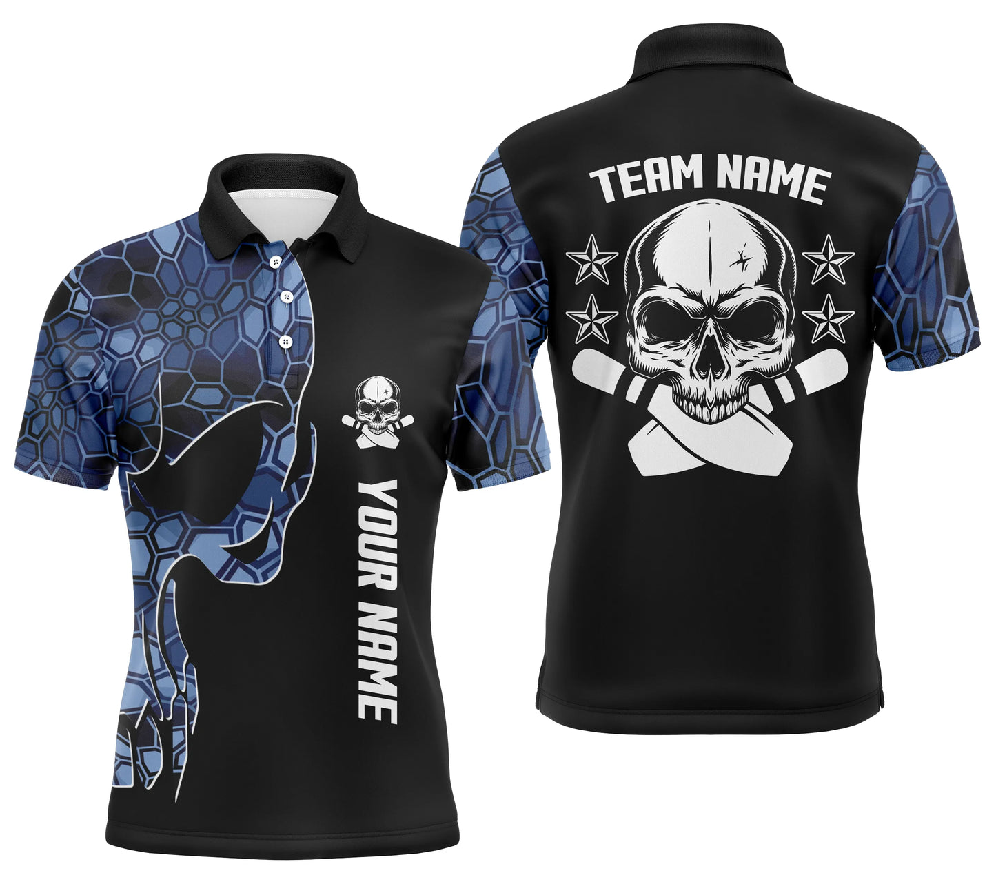 Blaues Camo-schwarzes Bowling-Poloshirt für Männer, personalisierter Teamname, Schädel-Bowling, Team-Bowlinghemden NQS5059