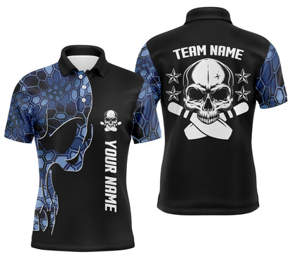 Blaues Camo-schwarzes Bowling-Poloshirt für Männer, personalisierter Teamname, Schädel-Bowling, Team-Bowlinghemden NQS5059