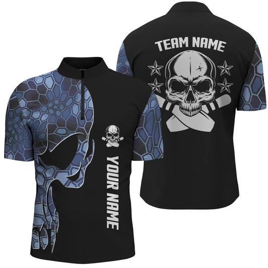 Blaues Camo-schwarzes Bowlinghemd mit Viertelreißverschluss für Männer, personalisierter Teamname, Schädel-Bowling, Team-Bowlinghemden NQS5059