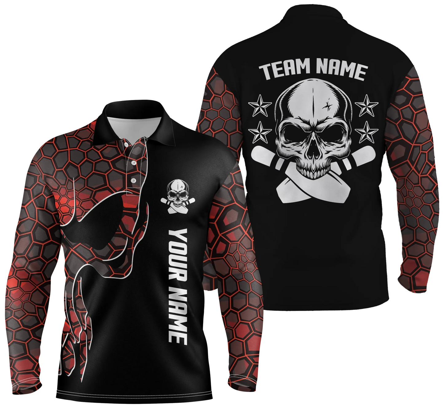 Rotes Camo-schwarzes Bowling-Poloshirt für Männer, personalisierter Teamname, Schädel-Bowling, Team-Bowlinghemden NQS5060