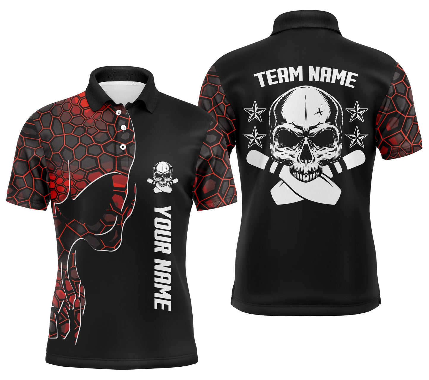 Rotes Camo-schwarzes Bowling-Poloshirt für Männer, personalisierter Teamname, Schädel-Bowling, Team-Bowlinghemden NQS5060