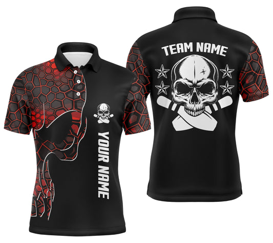 Rotes Camo-schwarzes Bowling-Poloshirt für Männer, personalisierter Teamname, Schädel-Bowling, Team-Bowlinghemden NQS5060