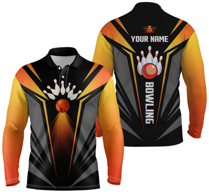 Personalisierte Bowlinghemden für Männer, Bowlingkugel und Pins Teamhemd, schwarz-orange Bowlinghemden NQS4458