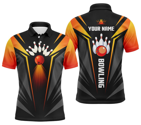 Personalisierte Bowlinghemden für Männer, Bowlingkugel und Pins Teamhemd, schwarz-orange Bowlinghemden NQS4458