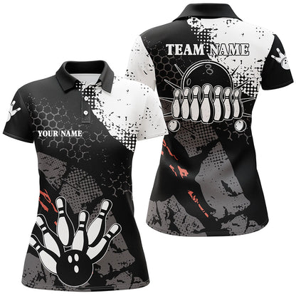 Schwarz-weiße Damen-Bowling-Poloshirts – Individuelle Retro-Bowlingkugel & Pins Bowling-Team-Liga-Trikots NQS6264