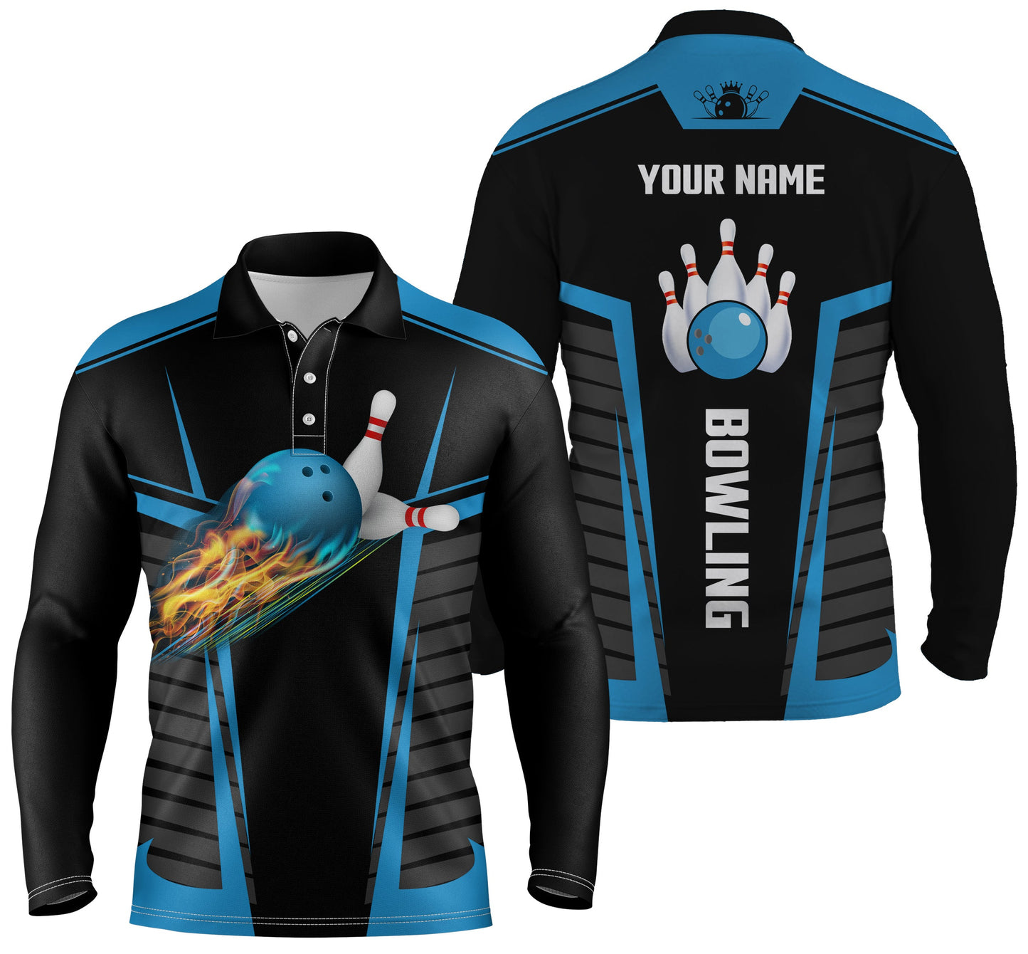 Personalisierte Bowlinghemden für Männer mit Flammen-Bowlingkugeln und Pins, schwarz-blaue Bowling-Trikots NQS4464