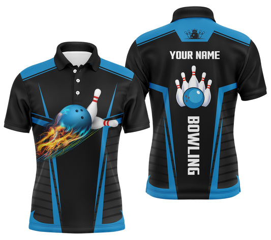 Personalisierte Bowlinghemden für Männer mit Flammen-Bowlingkugeln und Pins, schwarz-blaue Bowling-Trikots NQS4464