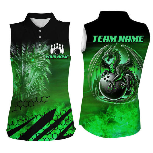 Schwarz-Grüne Maßgeschneiderte Ärmellose Drachenflammen-Bowling-Poloshirts – Drachenfeuer-Bowling-Team-Shirts NQS8385