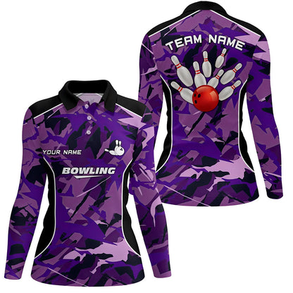 Damen-Bowling-Poloshirts – Individuelle Bowlingkugel & Pins, Lila Tarnmuster-Bowling-Team-Trikots NQS6488
