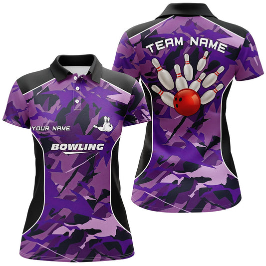 Damen-Bowling-Poloshirts – Individuelle Bowlingkugel & Pins, Lila Tarnmuster-Bowling-Team-Trikots NQS6488