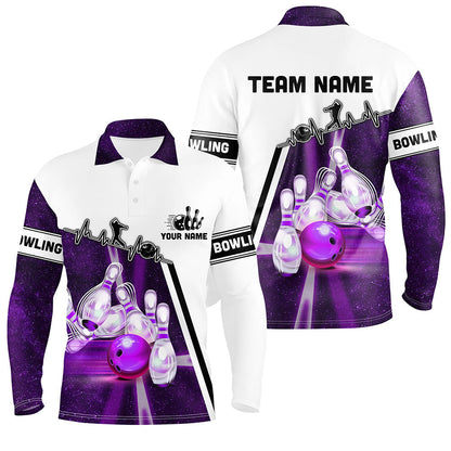 Lila-Galaxy-Bowlingkugel & Pins Muster – Individuelle Bowling-Poloshirts für Herren, Bowling-Team-Liga-Trikots, Bowling-Geschenke NQS6768