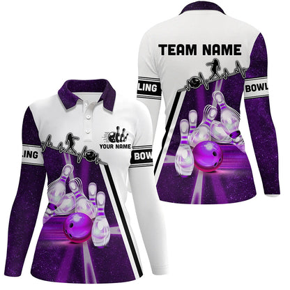 Lila-Galaxy-Bowlingkugel & Pins Muster – Individuelle Bowling-Poloshirts für Damen, Bowling-Team-Liga-Trikots, Bowling-Geschenke NQS6768