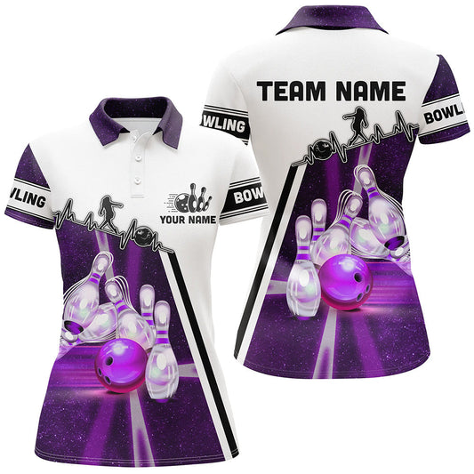 Lila-Galaxy-Bowlingkugel & Pins Muster – Individuelle Bowling-Poloshirts für Damen, Bowling-Team-Liga-Trikots, Bowling-Geschenke NQS6768
