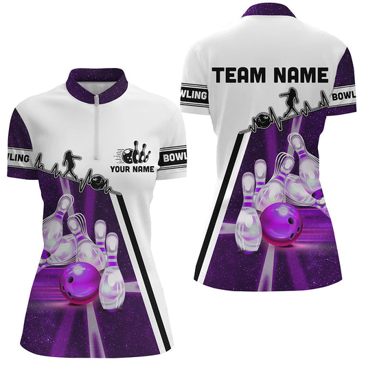 Lila-Galaxy-Bowlingkugel & Pins Muster – Individuelles Damen-Bowling-Quarter-Zip-Shirt, Team-Liga-Trikots NQS6768