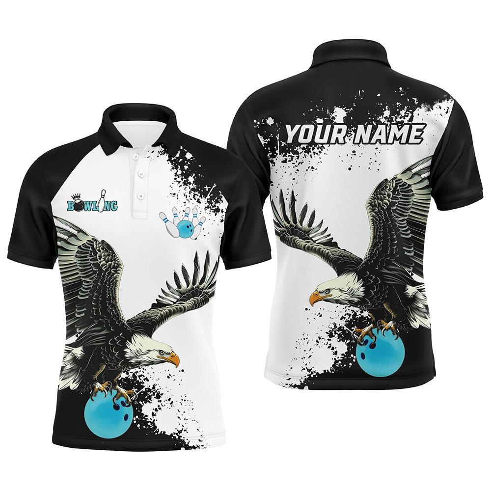 Schwarz-weiße Herren Bowling Poloshirts, maßgeschneiderte Adler Team Bowling-Shirts, Geschenk für Bowling-Spieler | Blau NQS7404