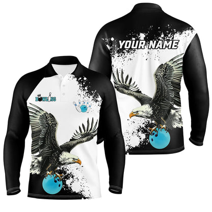Schwarz-weiße Herren Bowling Poloshirts, maßgeschneiderte Adler Team Bowling-Shirts, Geschenk für Bowling-Spieler | Blau NQS7404
