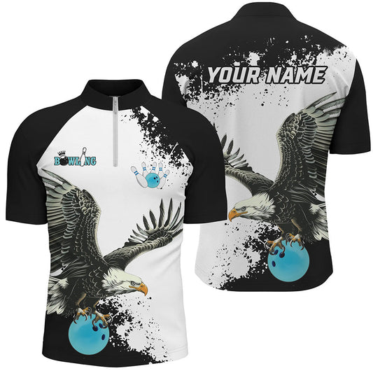Schwarz-weiße Herren Bowling Quarter Zip Shirt, maßgeschneiderte Adler Team Bowling-Shirt, Geschenk für Bowling-Spieler | Blau NQS7404