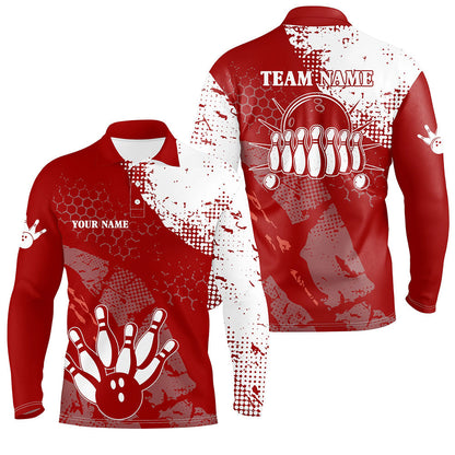 Rot-weiße Herren-Bowling-Poloshirts – Individuelle Retro-Bowlingkugel & Pins, Bowling-Team-Liga-Trikots NQS6500