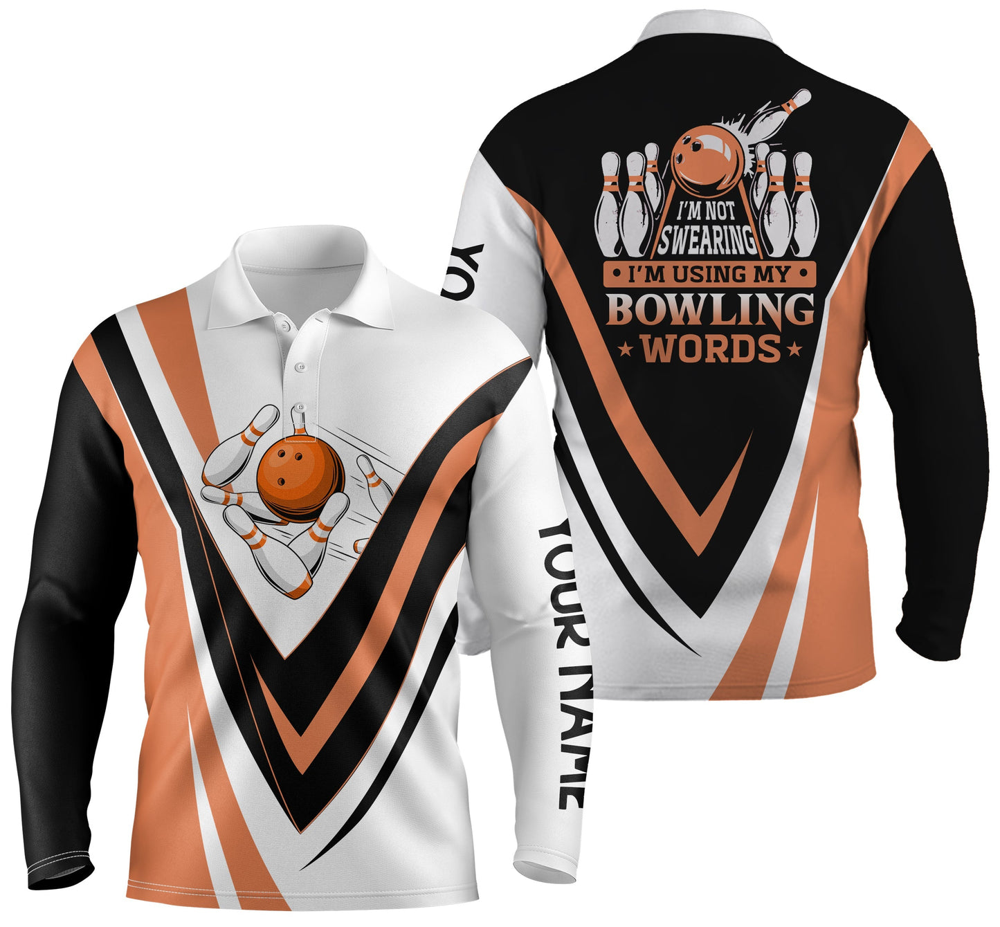 Personalisierte Bowling-Poloshirts: "Ich fluche nicht, ich benutze meine Bowling-Wörter", orange Bowlinghemden NQS4479
