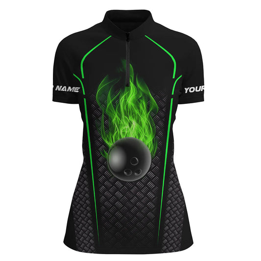 Bowling-Shirt für Damen – Personalisiertes Quarter-Zip-Bowling-Trikot, 3D-Bowling-Team-Trikot | Grün NQS6770
