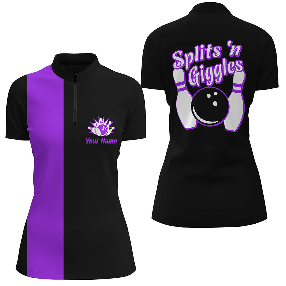 Splits'n Giggles“ Bowling-Quarter-Zip-Shirt für Damen – Personalisierte schwarz-lila Retro-Bowling-Trikots NQS6074