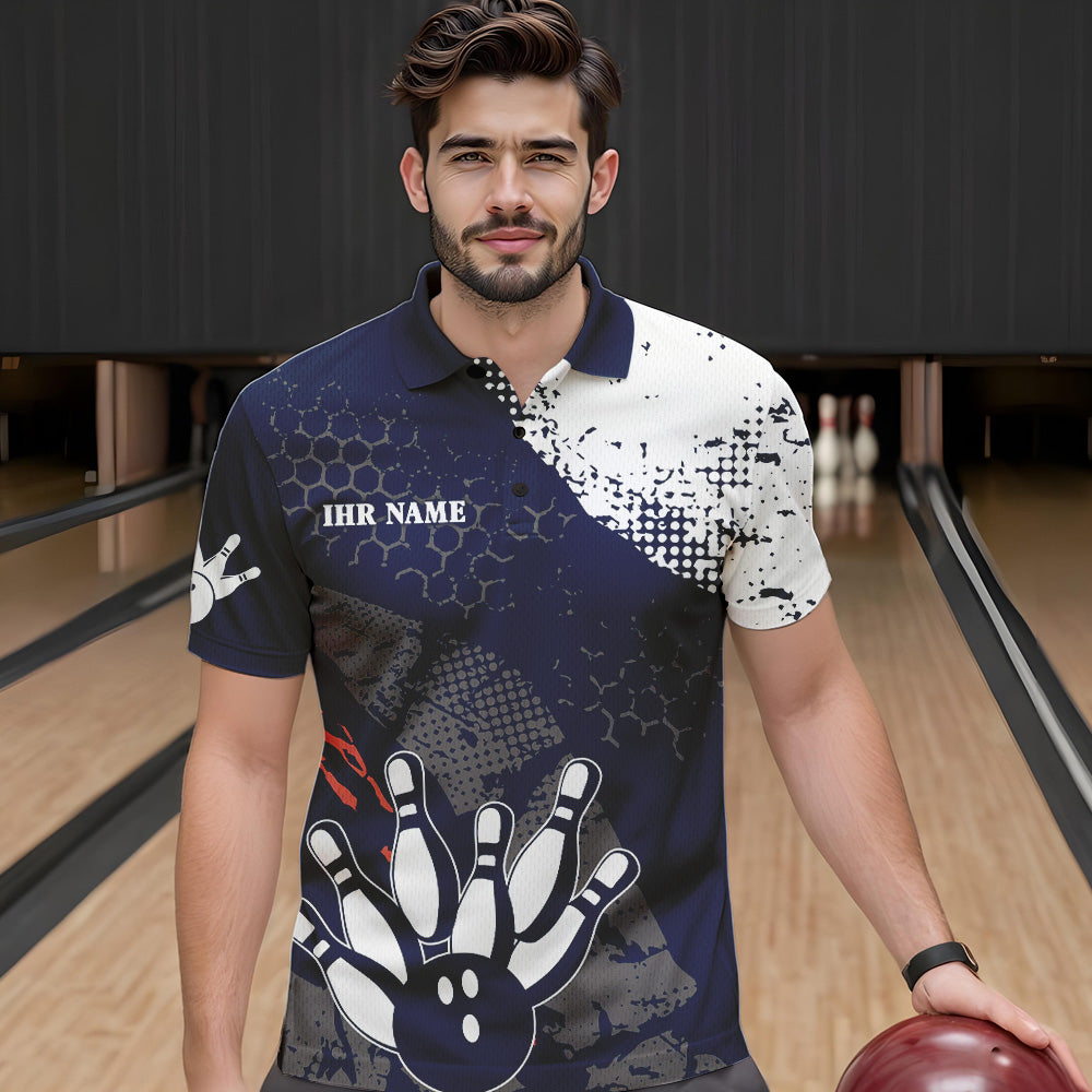 Marineblau-weiße Herren-Bowling-Poloshirts – Individuelle Retro-Bowlingkugel & Pins, Bowling-Team-Liga-Trikots NQS6313
