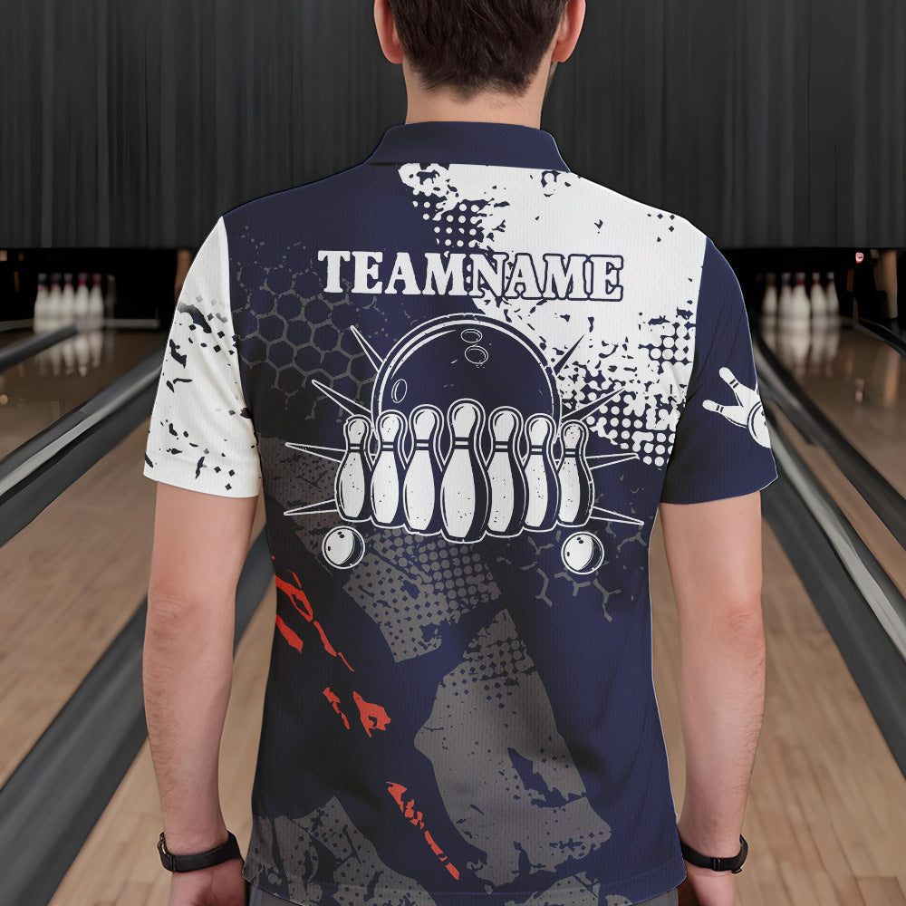 Marineblau-weiße Herren-Bowling-Poloshirts – Individuelle Retro-Bowlingkugel & Pins, Bowling-Team-Liga-Trikots NQS6313