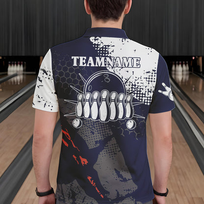 Marineblau-weiße Herren-Bowling-Poloshirts – Individuelle Retro-Bowlingkugel & Pins, Bowling-Team-Liga-Trikots NQS6313