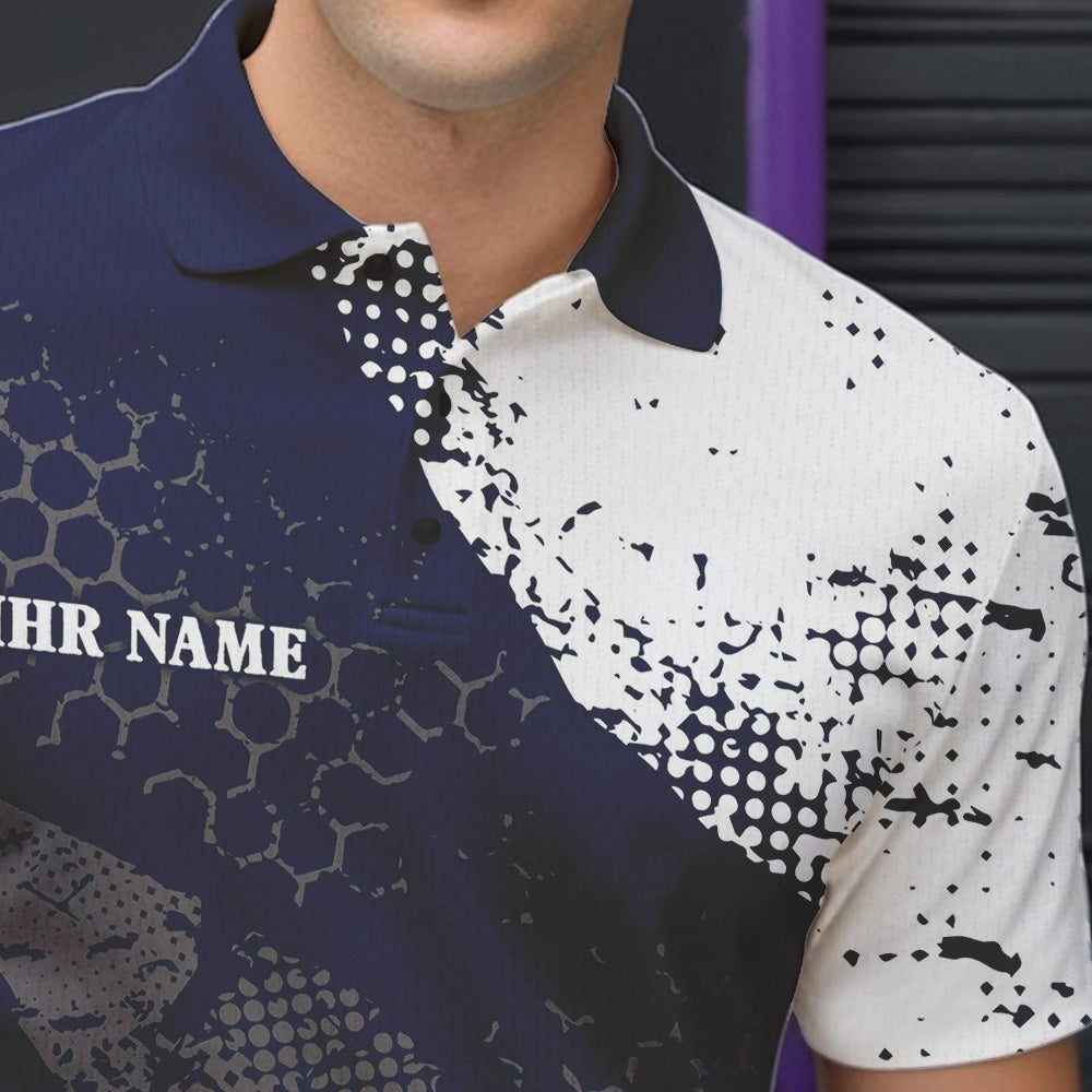 Marineblau-weiße Herren-Bowling-Poloshirts – Individuelle Retro-Bowlingkugel & Pins, Bowling-Team-Liga-Trikots NQS6313