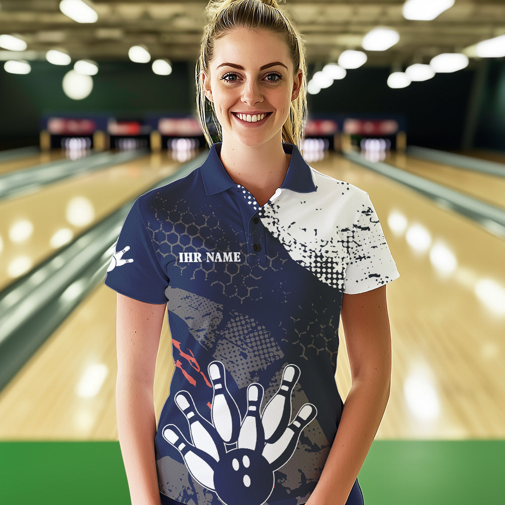Marineblau-weiße Damen-Bowling-Poloshirts – Individuelle Retro-Bowlingkugel & Pins, Bowling-Team-Liga-Trikots NQS6313