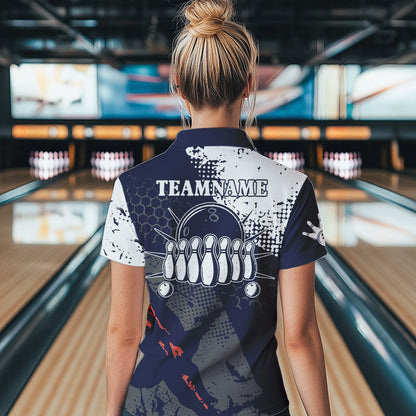 Marineblau-weiße Damen-Bowling-Poloshirts – Individuelle Retro-Bowlingkugel & Pins, Bowling-Team-Liga-Trikots NQS6313
