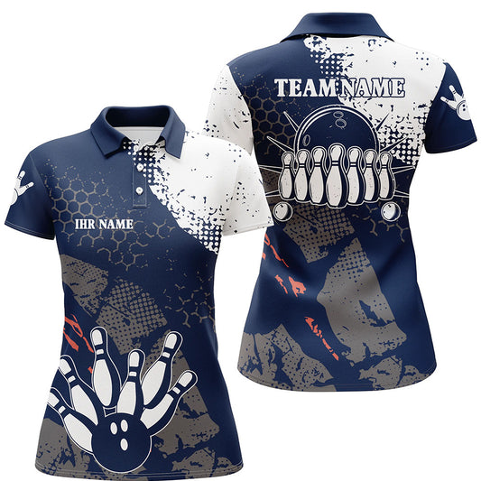 Marineblau-weiße Damen-Bowling-Poloshirts – Individuelle Retro-Bowlingkugel & Pins, Bowling-Team-Liga-Trikots NQS6313