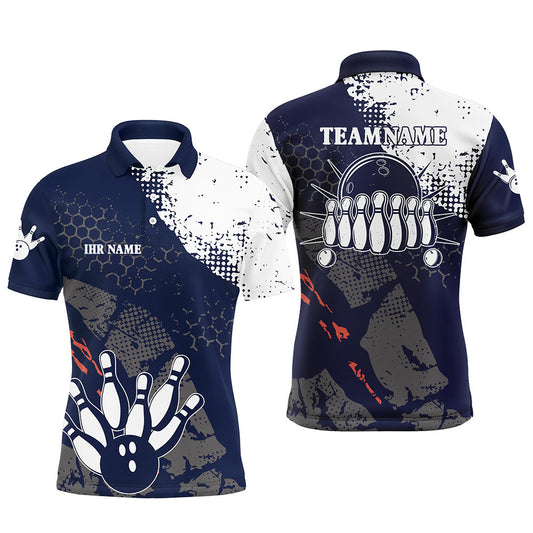 Marineblau-weiße Herren-Bowling-Poloshirts – Individuelle Retro-Bowlingkugel & Pins, Bowling-Team-Liga-Trikots NQS6313