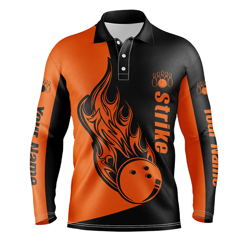 Individuelles Schwarz-Oranges Bowling-Poloshirt für Herren – Bowling-Team-Shirts „Bowling Strike“ NQS5661
