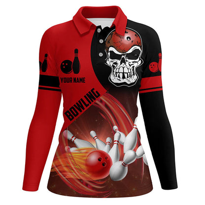 Rot-schwarzes Bowlingkugel & Pins Poloshirt für Damen – Individuelle Schädel-Bowling-Team-Trikots NQS6082