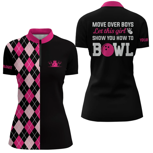 Bowlinghemden mit Viertelreißverschluss für Damen, personalisiert: "Move over boys, let this girl show you how to bowl" | Pink NQS4869
